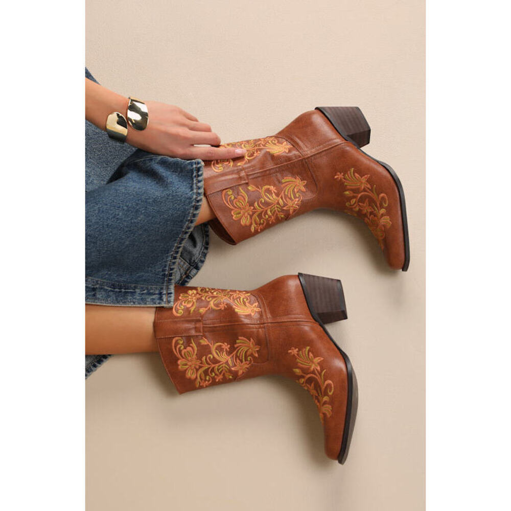Lulus Birgitta Brown Embroidered Western Ankle Boots - Size 9